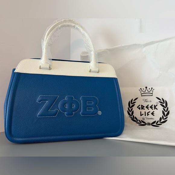 New Tauntus Greek Life a Zeta Phi Beta Sorority (ΖΦΒ) Blue & White Leather Tote - Picture 2 of 7